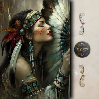 Turquoise Native Woman Fan Decoupage Tissuepapier