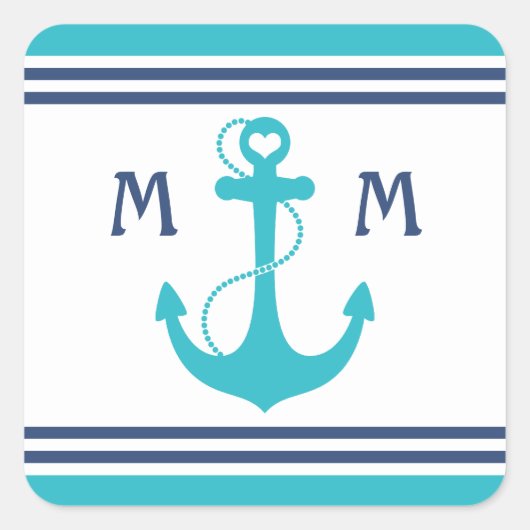 Turquoise Nautical Heart Anchor Vierkante Sticker (Voorkant)