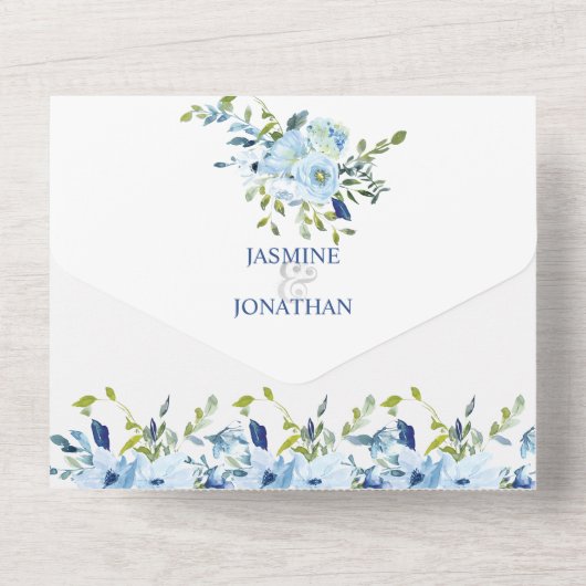 Turquoise & Navy Blauwe Waterverf Bloemen | All In One Uitnodiging (Achterkant)