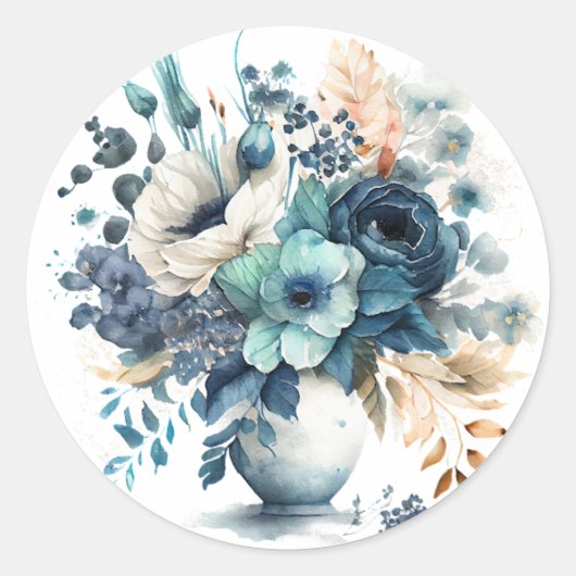 Turquoise Navy Blue Floral Wedding Ronde Sticker (Voorkant)
