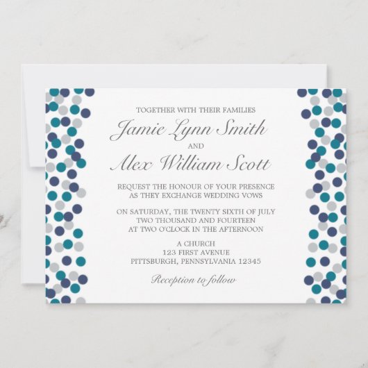 Turquoise Navy Gray Polka Dot Wedding Invitation Kaart (Voorkant)