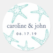Turquoise & Navy Starfish Personalized Wedding Ronde Sticker (Voorkant)