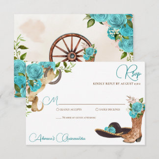 Turquoise Ocean Blue Charro Westerne Quinceanera RSVP Kaartje