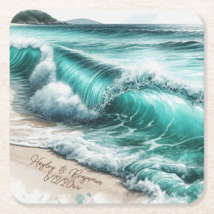 Turquoise Ocean Waves Gepersonaliseerde bruiloft Vierkante Kartonnen Onderzetter
