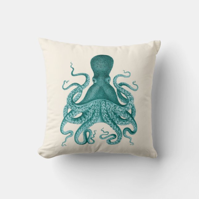 Turquoise Octopus Illustratie op Cream Kussen (Voorkant)