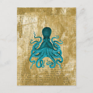 Turquoise Octopus op Golden Grunge Briefkaart