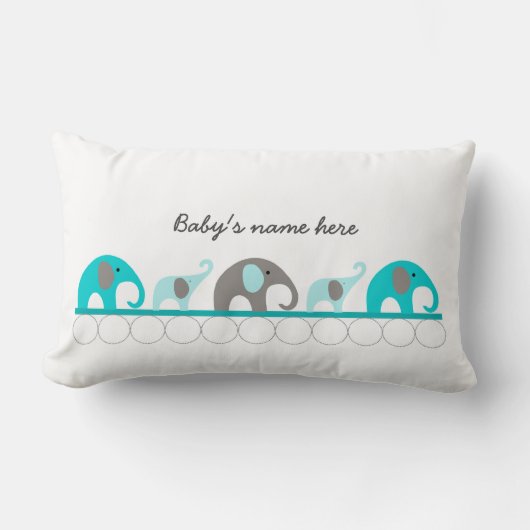 Turquoise olifanten op parade + babynaam kussen (Voorkant)