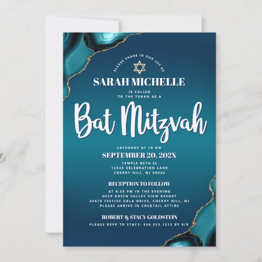 Turquoise Ombre Bat Mitzvah Agate Script 2 Venue Kaart (Voorkant)