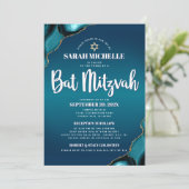 Turquoise Ombre Bat Mitzvah Agate Script 2 Venue Kaart (Staand voorkant)