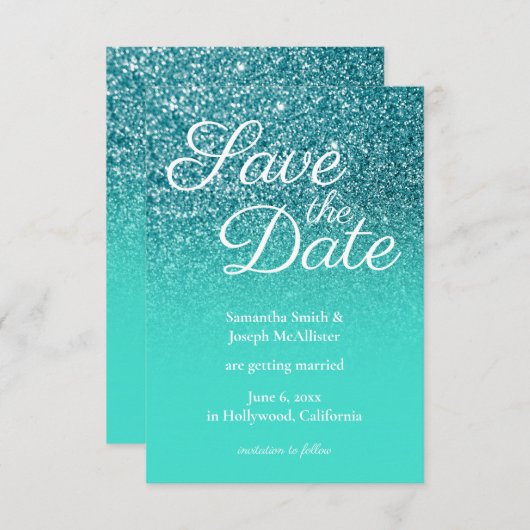 Turquoise Ombre Blauwgroen Glitter sparen de Datum Kaart (Voorkant / Achterkant)