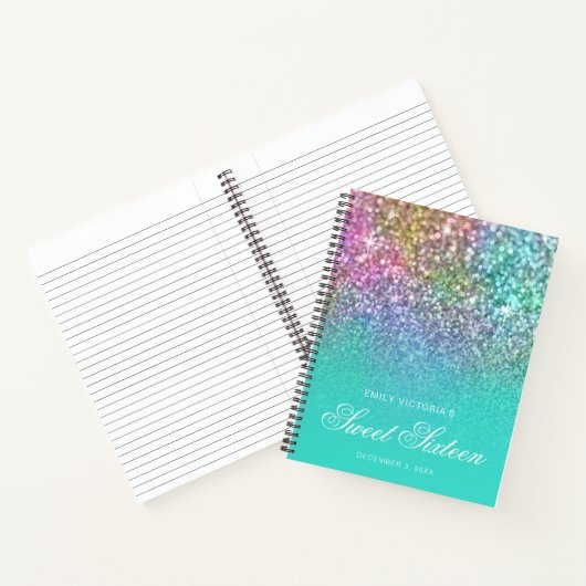 Turquoise Ombre Mermaid Glitter Sweet 16 Guestbook Notitieboek (Binnen)