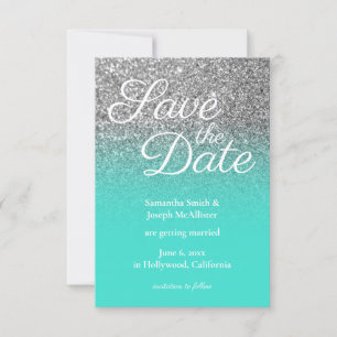 Turquoise Ombre Silver Glitter Save the Date Kaart