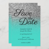 Turquoise Ombre Silver Glitter Save the Date Kaart (Voorkant / Achterkant)