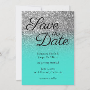 Turquoise Ombre Silver Glitter Save the Date Kaart