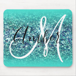 Turquoise Ombre Teal Blauwe Glam Glitter Monogram Muismat