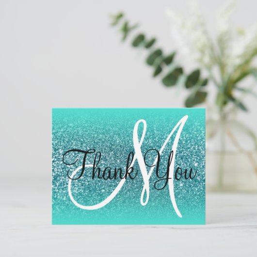 Turquoise Ombre Teal Glitter Monogram Hartelijk B Briefkaart (Staand voorkant)