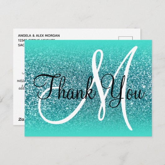 Turquoise Ombre Teal Glitter Monogram Hartelijk B Briefkaart (Voorkant / Achterkant)
