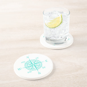 Turquoise on White Coastal Decor Compass Roos Zandsteen Onderzetter