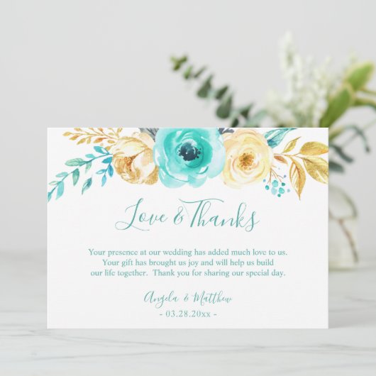 Turquoise Or Botanique Floral Mariage Merci (Debout devant)