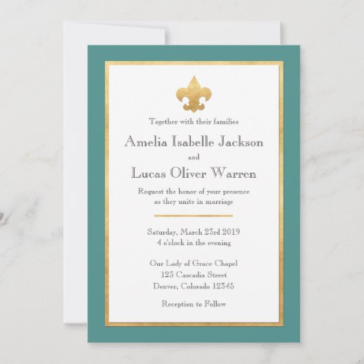 Turquoise & Or Fleur De Lis Faire-part de mariage (Devant)