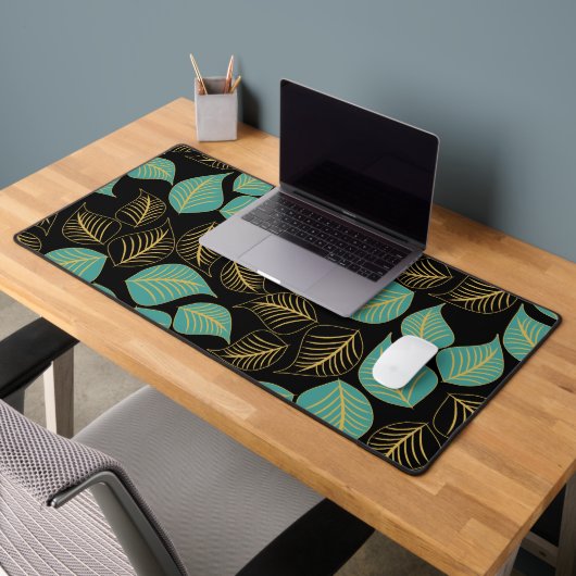 Turquoise or vert large feuille motif sur noir (Bureau 2)