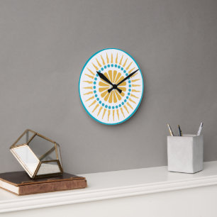 Turquoise Orange Sunburst Wall Clock Ronde Klok