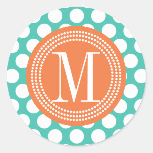 Turquoise & Oranje Big Polka Dots Monogramed Ronde Sticker
