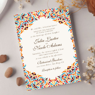 Turquoise Oranje Whimsical Bloem Mandala Bruiloft Kaart