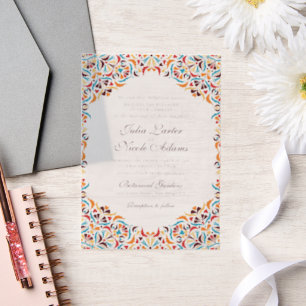 Turquoise Oranje Whimsical Bloem Mandala Bruiloft Vellum Uitnodigingen
