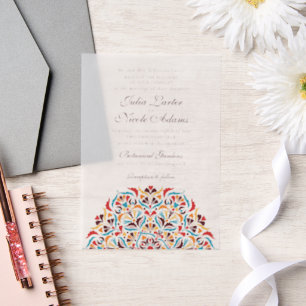Turquoise Oranje Whimsical Bloem Mandala Bruiloft Vellum Uitnodigingen