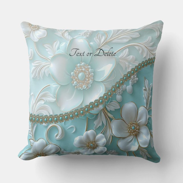 Turquoise Oreiller à lancer floral blanc (Recto)