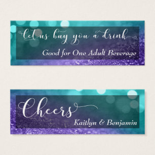 Turquoise Paars Glitter Bokeh Script Drink Ticket Mini Visitekaartjes
