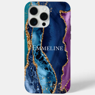 Turquoise Paarse Blauw Gouden Glitter Marmer iPhone 15 Pro Max Hoesje
