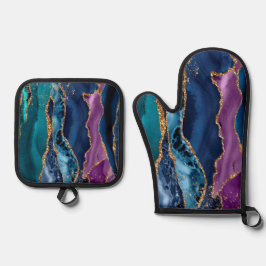 Turquoise Paarse Blauw Gouden Glitter Marmer Ovenwant & Pannenlap Set
