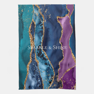 Turquoise Paarse Blauw Gouden Glitter Marmer Theedoek
