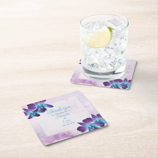 Turquoise Paarse Blauwe Dendrobium Orchidee Bruilo Vierkante Kartonnen Onderzetter (Insitu)