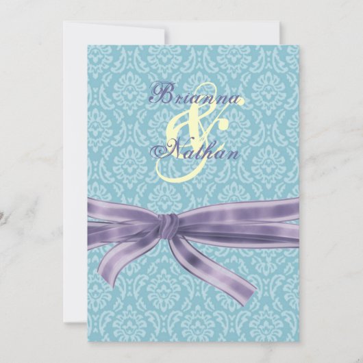 Turquoise & Paarse Damask & Bow Wedding Invitation Kaart (Voorkant)