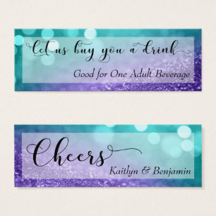 Turquoise Paarse Glitter Bokeh Script Drink Ticket Mini Visitekaartjes