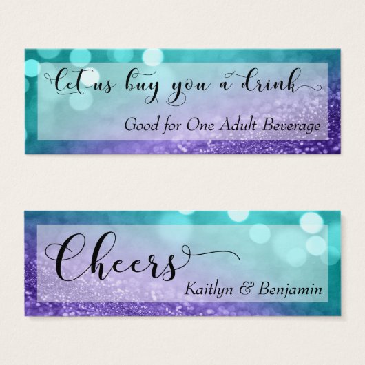 Turquoise Paarse Glitter Bokeh Script Drink Ticket Mini Visitekaartjes (Voorkant /achterkant)