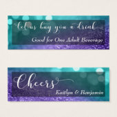 Turquoise Paarse Glitter Bokeh Script Drink Ticket Mini Visitekaartjes (Voorkant /achterkant)