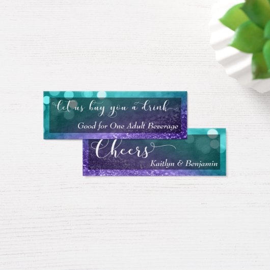 Turquoise Paarse Glitter Bokeh Script Drink Ticket Mini Visitekaartjes (Bureau)