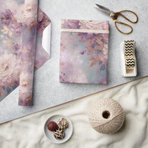 Turquoise Paarse Gouden Witte Bloemen Cadeaupapier