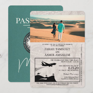 Turquoise Paarse Marokko Passport Wedding Kaart