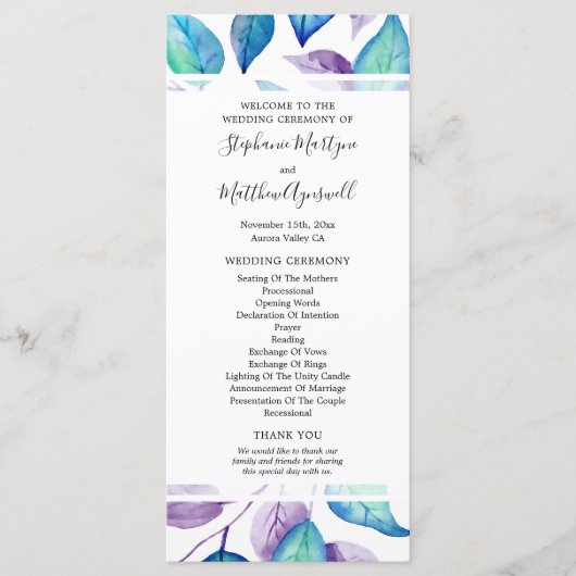 Turquoise Paarse Waterverf Leaf Trouwceremonie Programma (Voorkant)