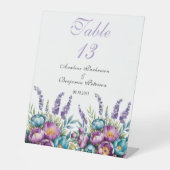 Turquoise Paarse Wildflowers Trouwtafel Nummers Reclamebord Met Voetstuk (Voorkant)