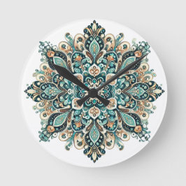 Turquoise Paisley Mandala met gouden accenten 1 Ronde Klok