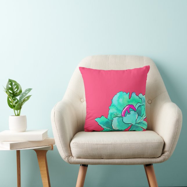 Turquoise papaver Waterverf op Fuchsia Kussen (Stoel)