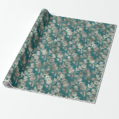 Turquoise Parel Champagne Bloemen Cadeaupapier (Uitgerold)