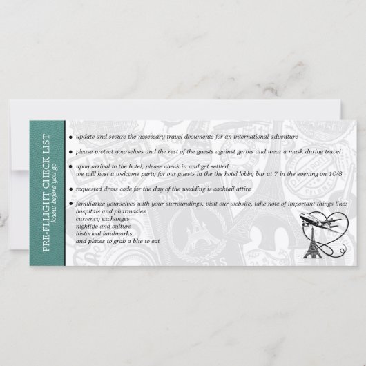 turquoise parijs bruiloft boarding pass uitnodigin (Achterkant)