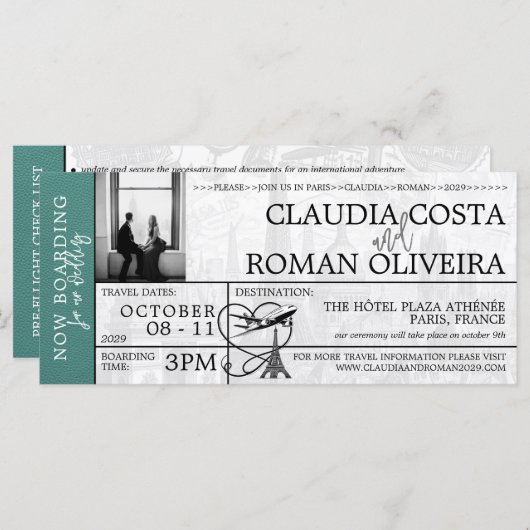 Turquoise Paris Mariage Boarding Pass Invitation (Devant / Derrière)